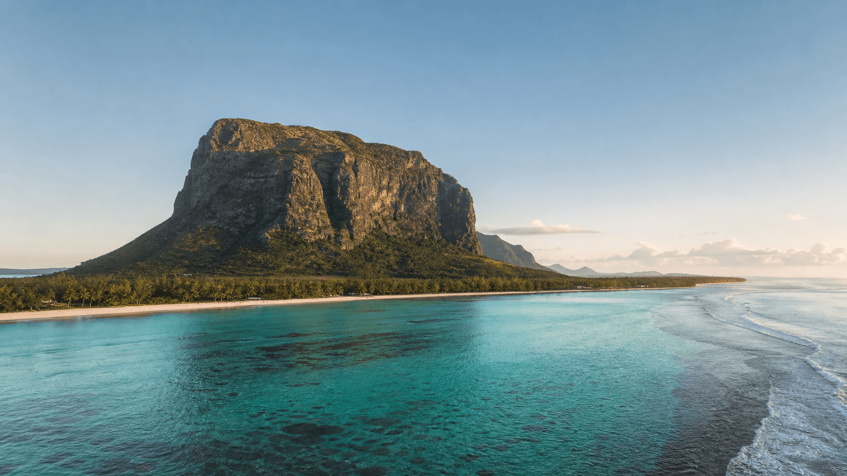 Illustrated view of Le Morne Brabant beside a lagoon
