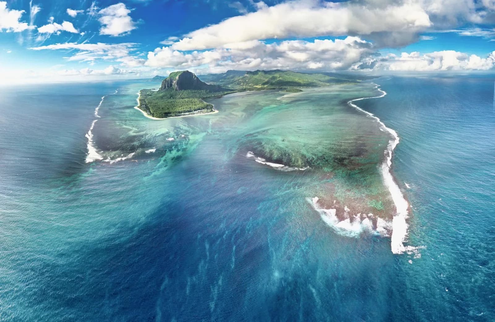 Aerial view of the Le Morne peninsula and lagoon