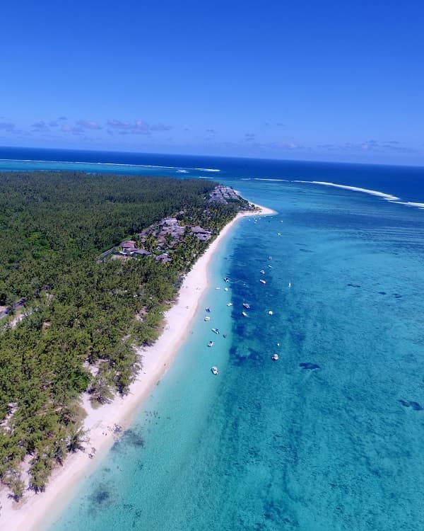 Aerial view of Le Morne beach, white sand and turquoise lagoon